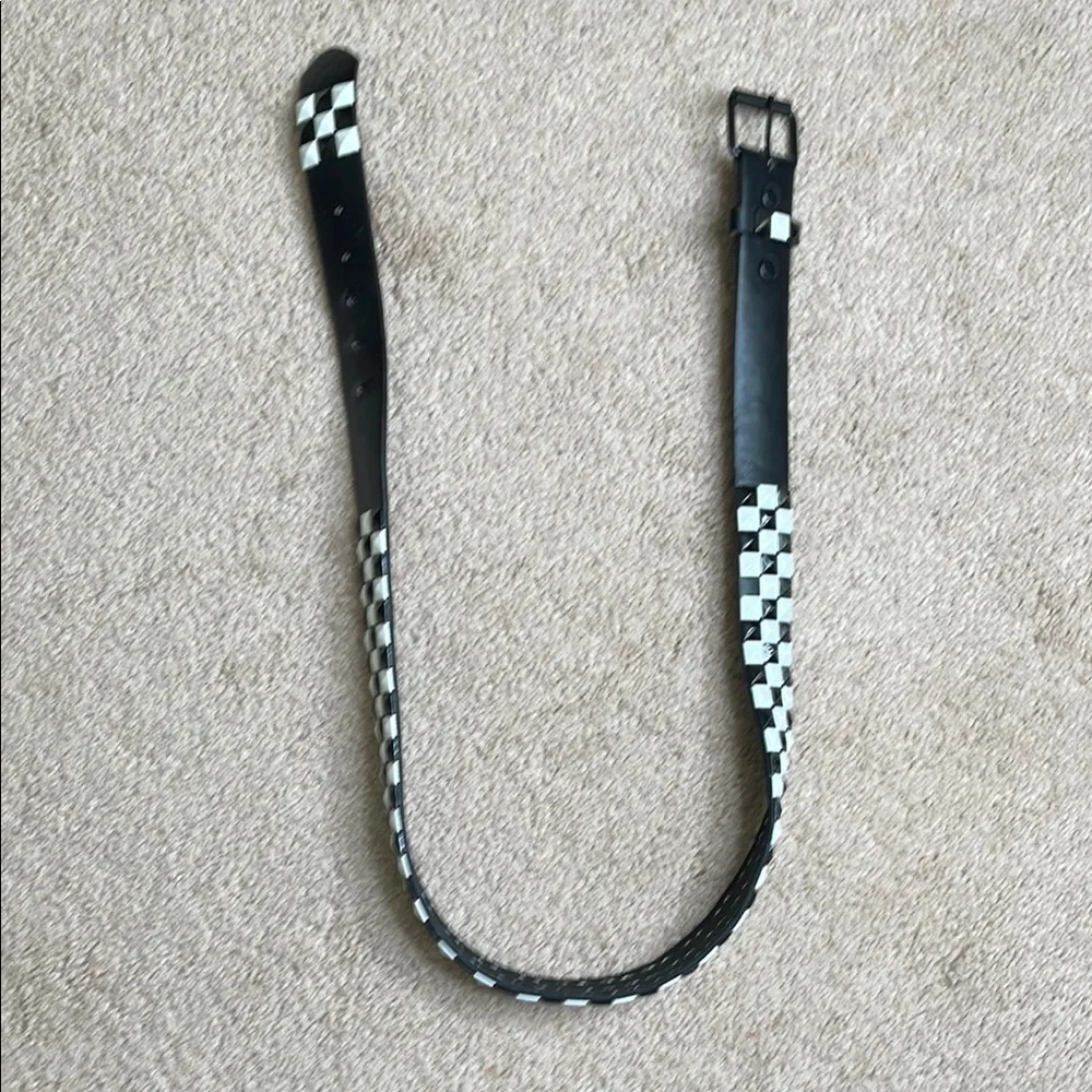Black and White Checkered Leather Belt with Silver Buckle